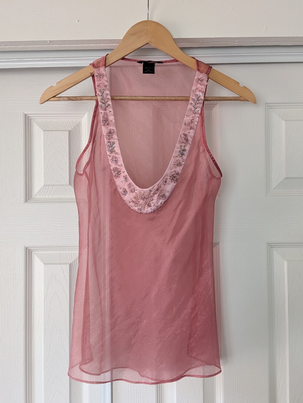 Moda International Pink Sheer Beaded Sleeveless Blouse Top Going Out Romantic XS